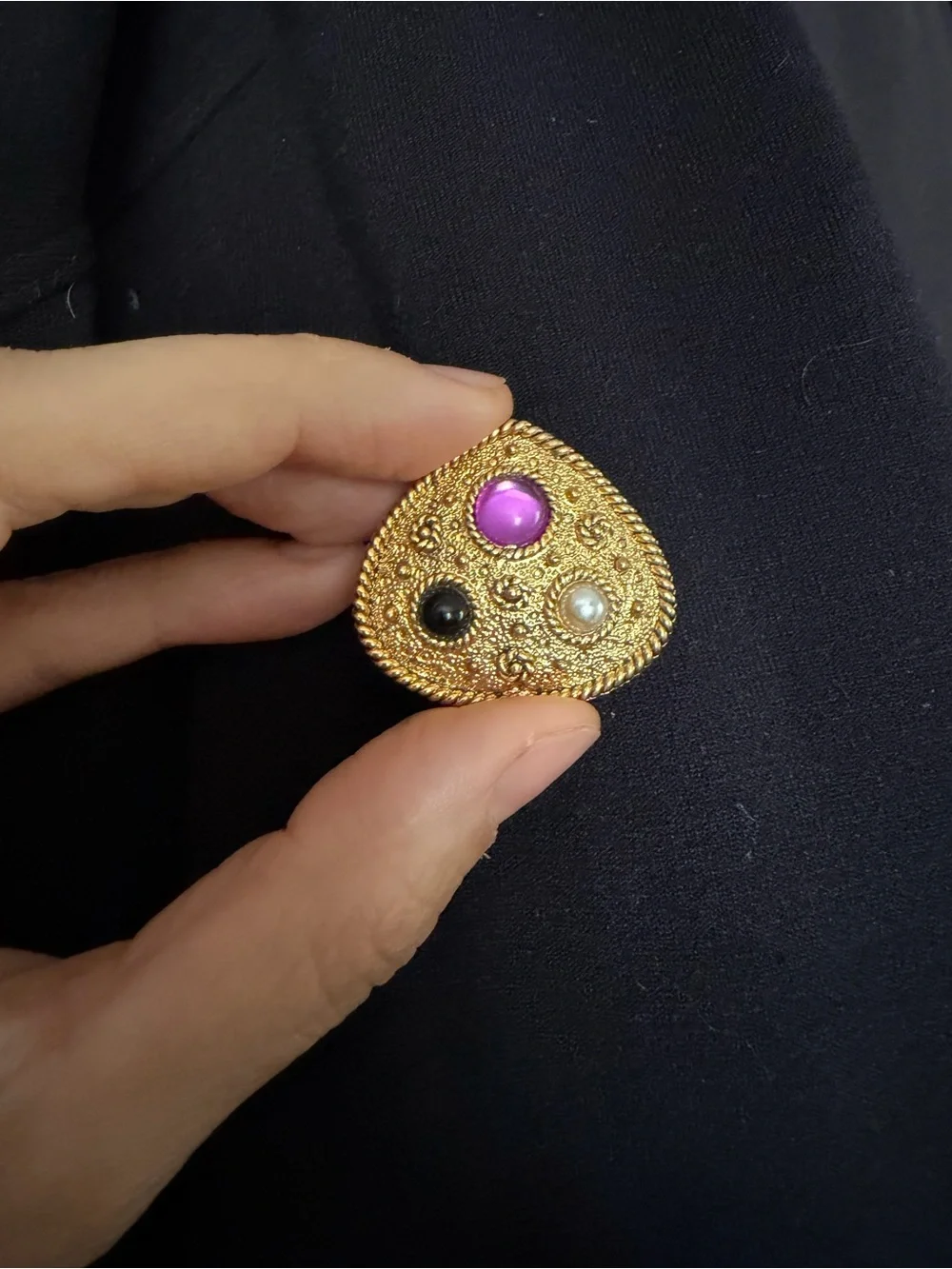 VTG 1960s Mid Century Gold Filigree Brooch Purple Black Pearl Statement Pin